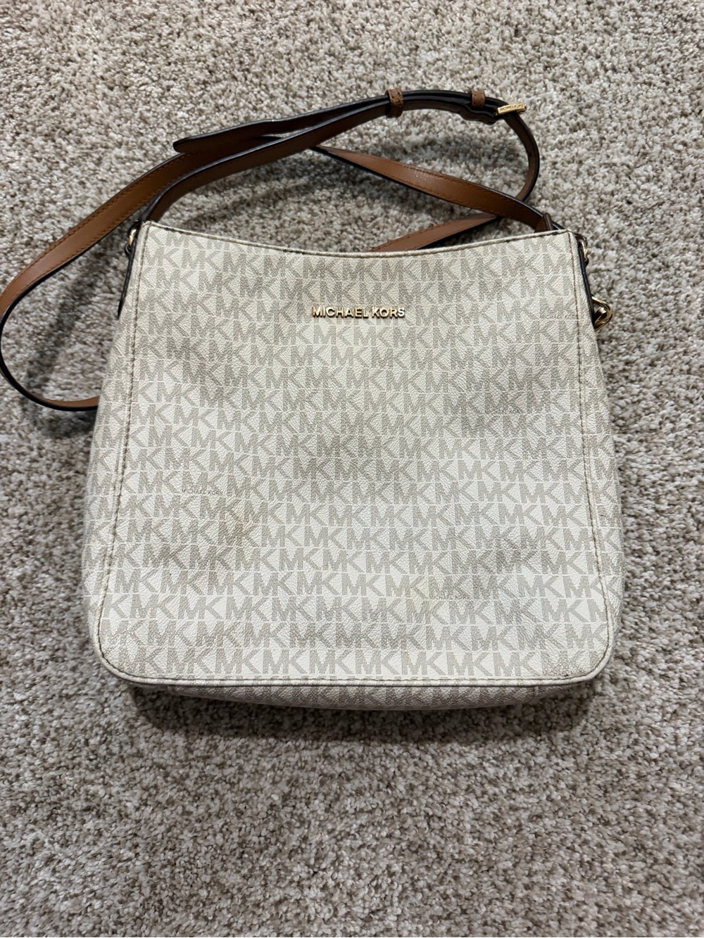 Michael Kors Cream Logo Crossbody with Brown Strap
